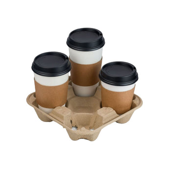 Three paper coffee cups with black lids in a cardboard holder on a white background