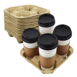 Set of four coffee cups with black lids in a cardboard holder on a white background