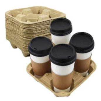 Set of four coffee cups with black lids in a cardboard holder on a white background
