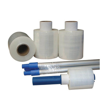 Rolls of clear plastic wrap with blue handles on a white background