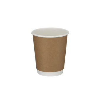 Brown paper cup with white rim on a white background