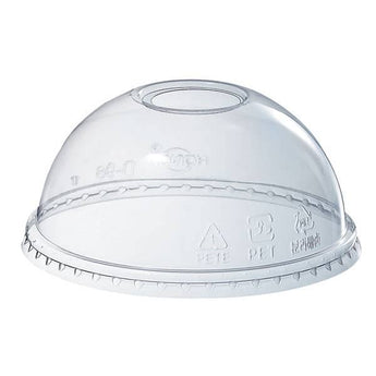 Clear plastic dome lid with branding on a white background