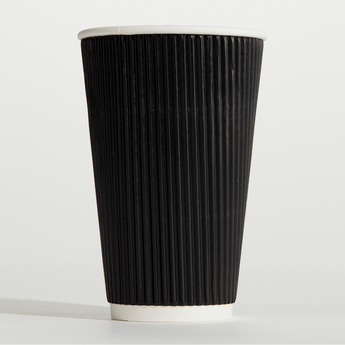 Black paper cup with a white rim on a white background
