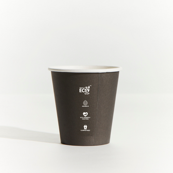 Black paper cup with 'Eco' branding on a white background
