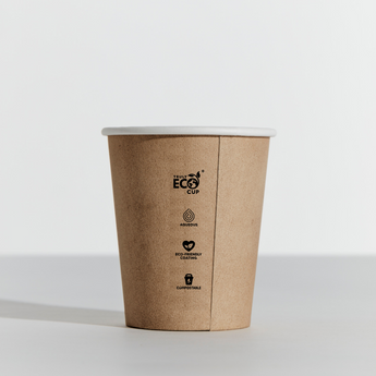 Brown paper cup with 'Truly Eco Cup' branding on a white background