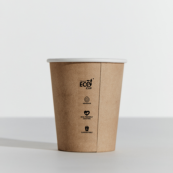 Brown paper cup with 'Truly Eco Cup' branding on a white background