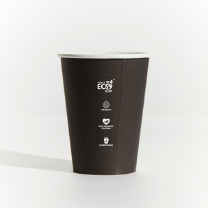 Black paper cup with eco-friendly features on a white background