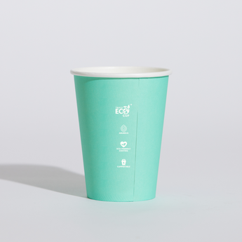 Turquoise paper cup with 'ECO' branding on a light gray background