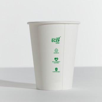 White paper cup with green 'Truly Eco Cup' branding on a white background