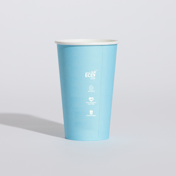 Turquoise paper cup with eco-friendly branding on a light gray background