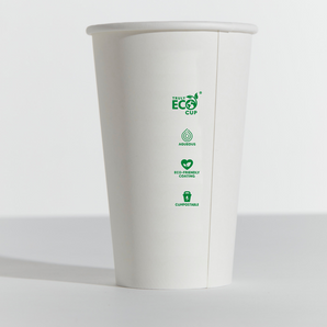 White paper cup with green 'Eco Cup' branding on a white background