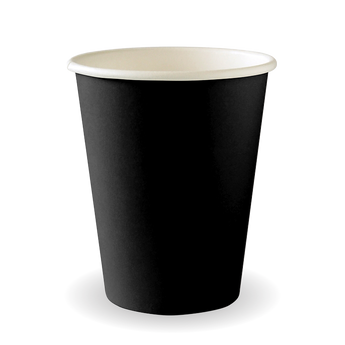 Black paper cup with a white interior on a white background