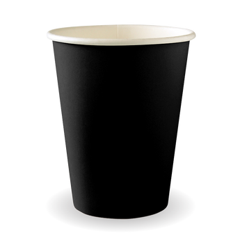 Black paper cup with white rim on a white background