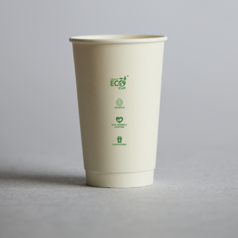 Biodegradable paper cup with eco-friendly branding on a gray background
