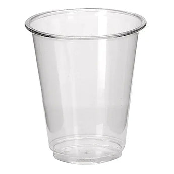 Clear plastic cup on a white background