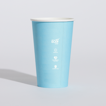 Turquoise paper cup with a logo on a light gray background