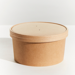 Brown kraft bowl with a ventilated lid on a white background