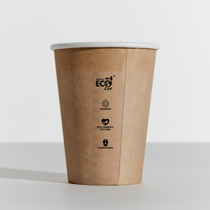 Brown paper cup with 'Truly Eco Cup' branding on a white background