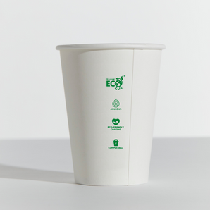 White paper cup with green 'Truly Eco Cup' branding on a white background