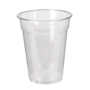 Clear plastic cup on a white background