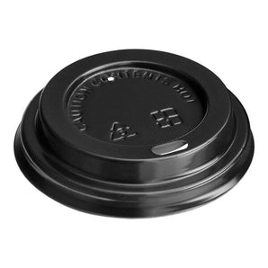 Black coffee cup lid with warning text on a white background